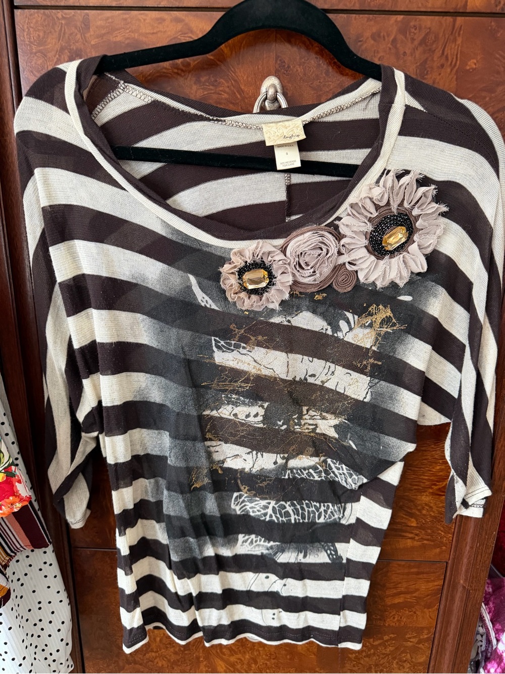 Daytrip Brown & Cream Striped Floral-Applique Women's Top